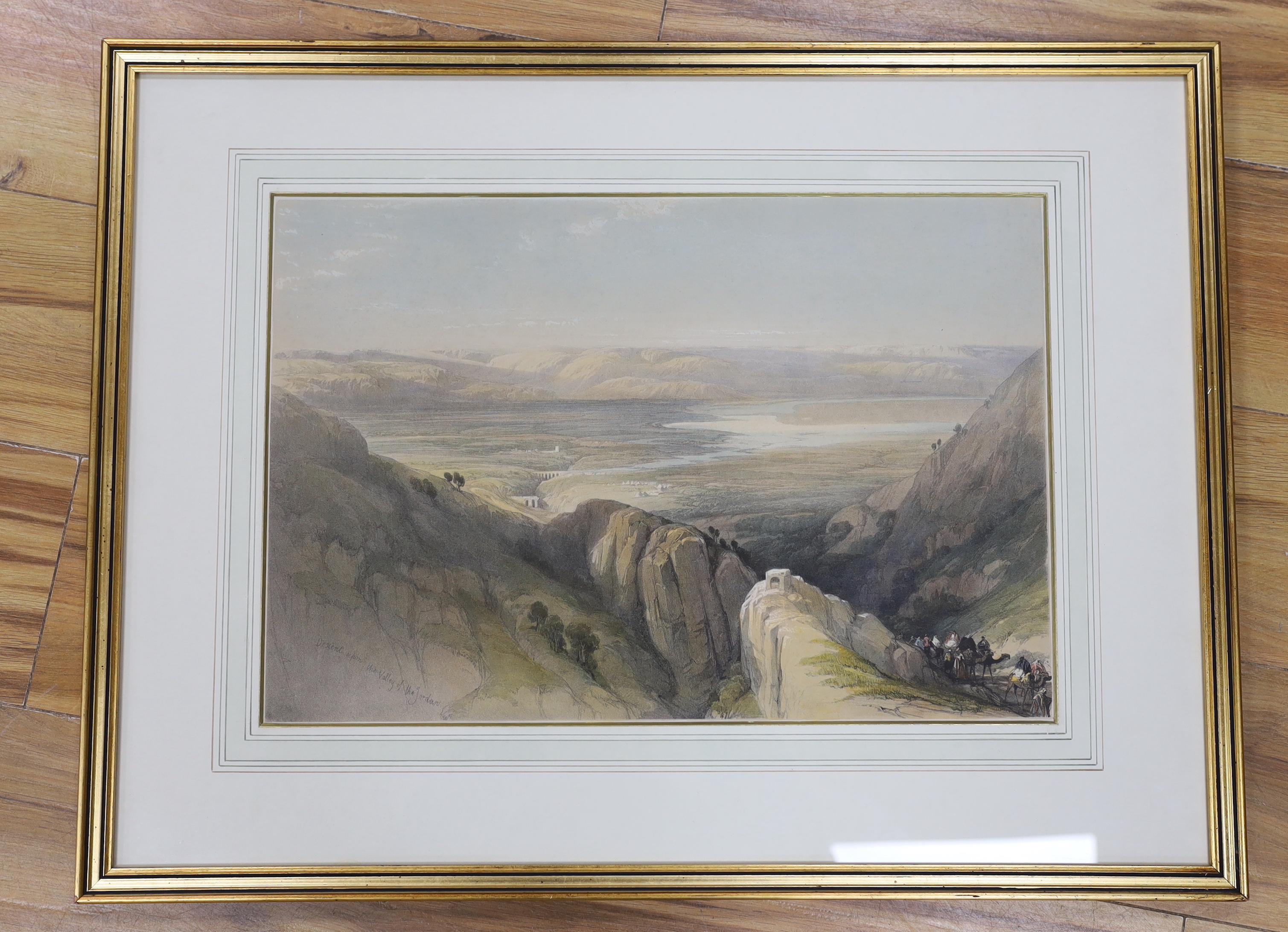 David Roberts (Scottish, 1796-1864), colour lithograph, 'Descent upon the valley of the Jordan', 33 x 48cm